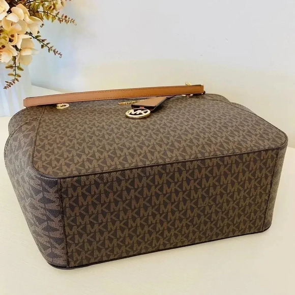 Michael Kors Purse jet set travel large chain tote shoulder bag brown signature - Picture 6 of 11